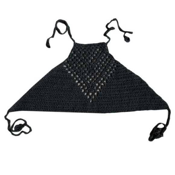 Boho Handmade Black Crochet Halter Crop Top - Picture 2 of 4